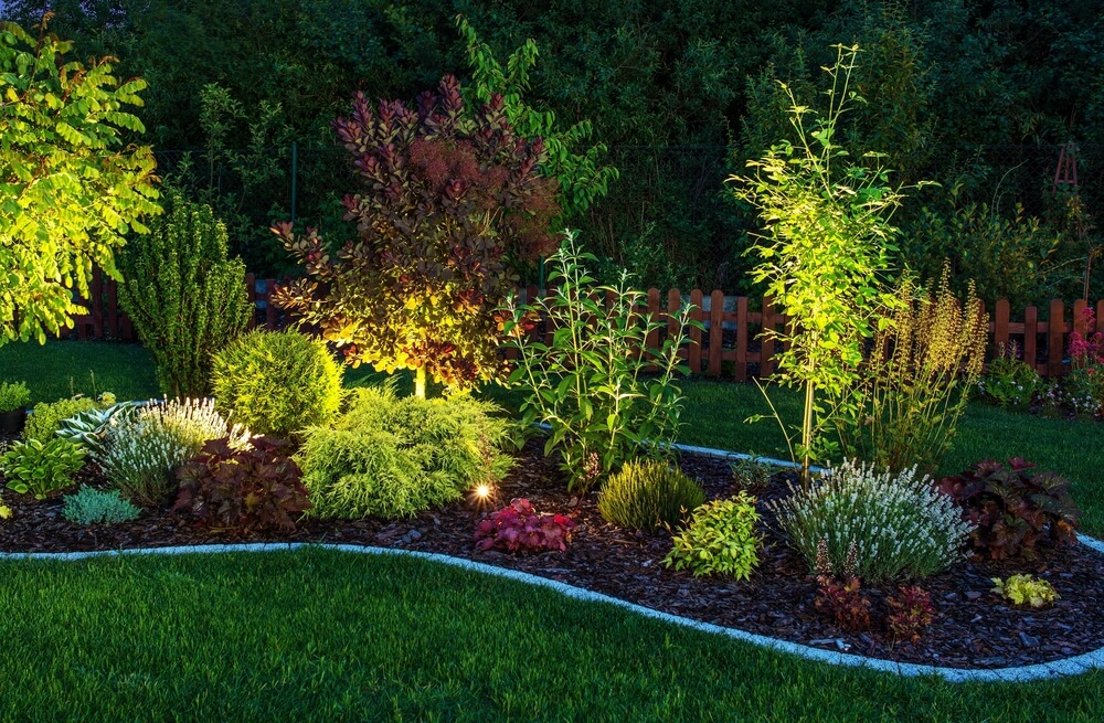 Tuin in het donker met ledverlichting in border