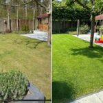 Voor en na foto van een tuin met de onkruidvrij gazon kit